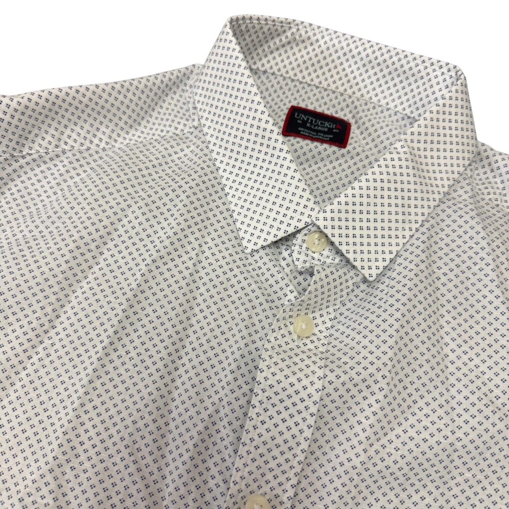 UNTUCKIT Mens XL Short Sleeve Button Down Shirt White Blue Linen Blend Geometric